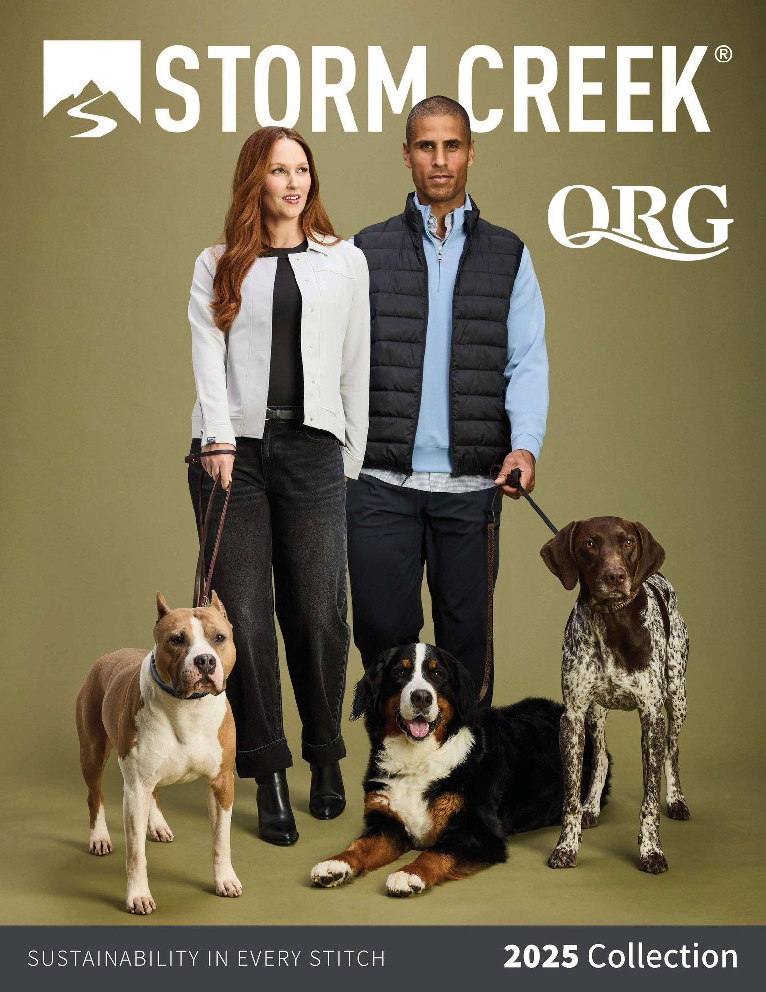 a couple and three dogs posing in eco-friendly attire - QRG 2025 Sustainable Apparel Collection cover image