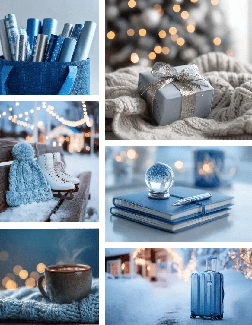 A collage of 6 winter themed images with gifts