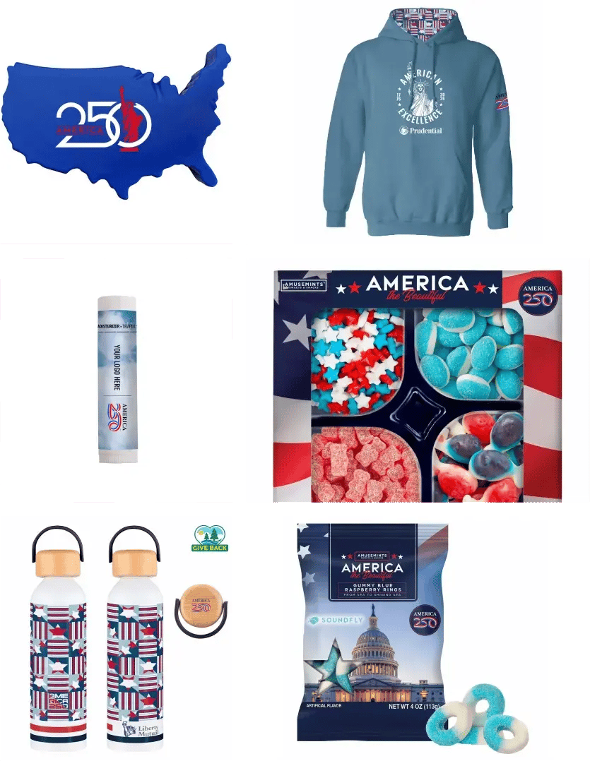 A collage of 6 USA themed products