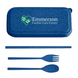 navy blue Harvest Cutlery Set with fork, spoon, and straw and branding on top of case