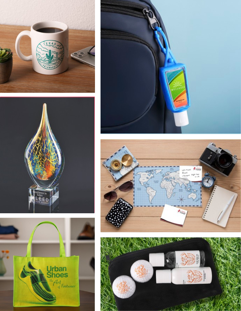 collage of branded product including hand sanitizer, golf balls, a coffee mug, glass award, carrying tote, and travel kit