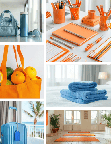 A collage of 6 images of various products with blue and/or Orange colors