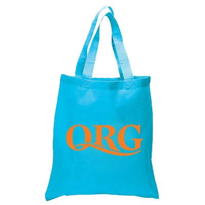 blue tote bag with orange QRG acronym