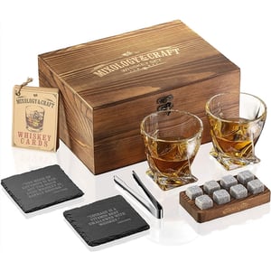 elegant whiskey set in wooden box including cooling rocks, coasters, crafting cards, and glasses