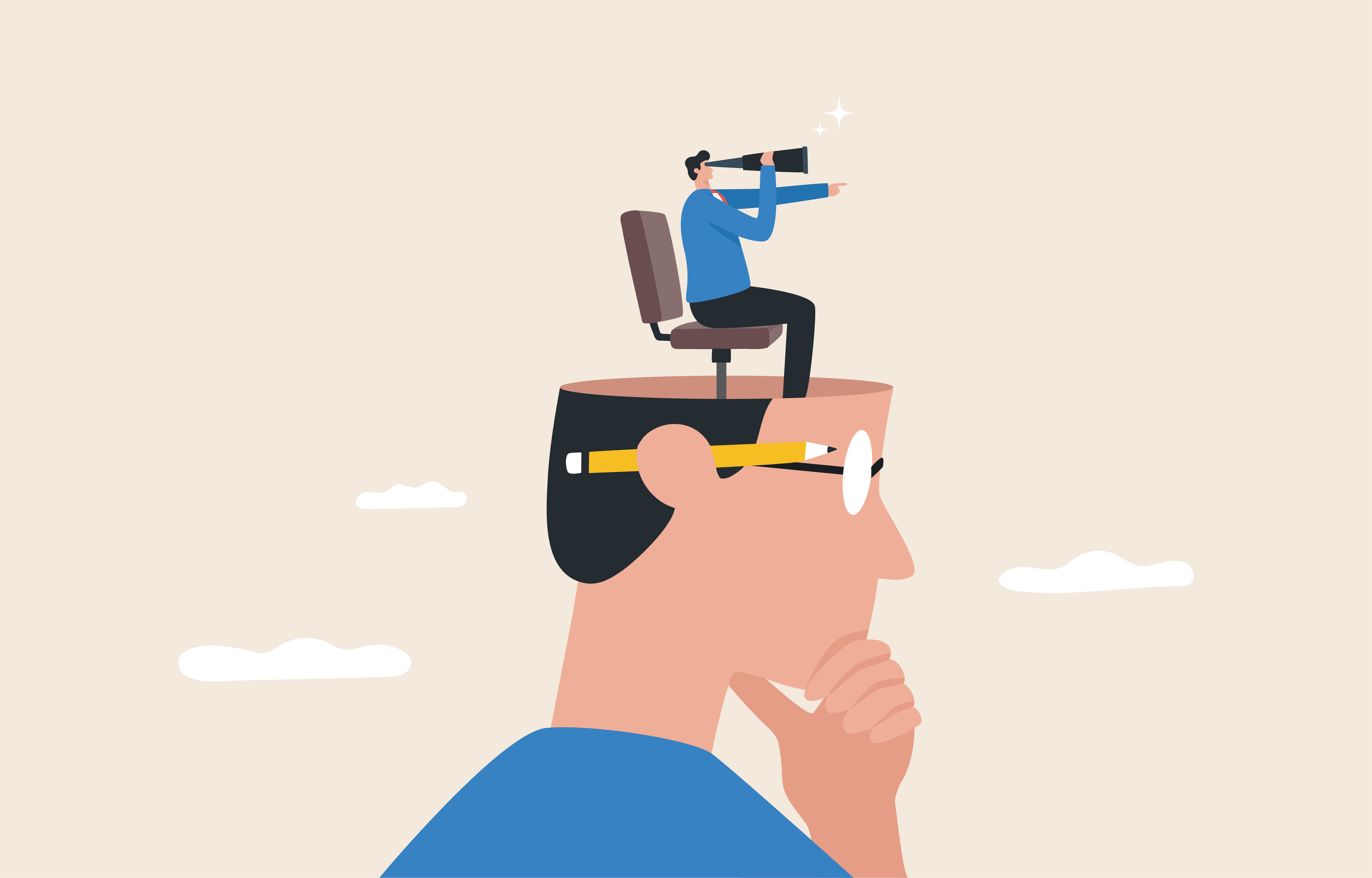 cartoon of a man thinking while a smaller man inside his head looks ahead